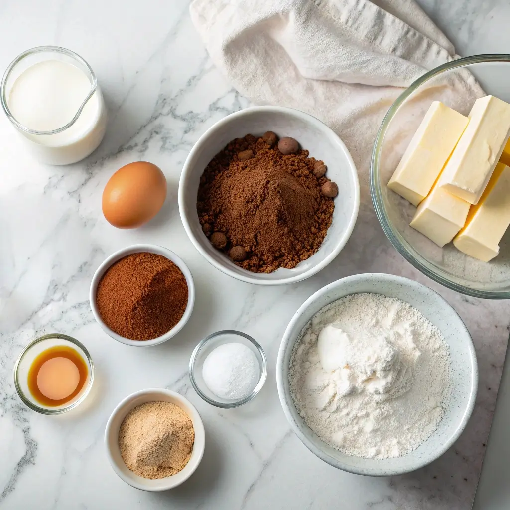 Chocolate Wafer Cookies: Easy Homemade Recipe for Crispy & Delicious Treats 5 Ingredients for homemade chocolate wafer cookies arranged on a marble countertop.