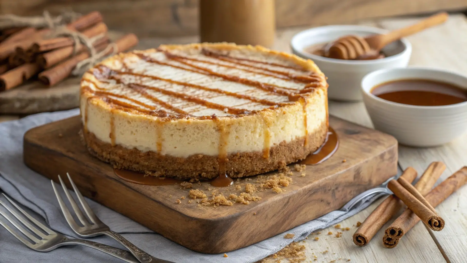 A close-up of a churro cheesecake with a cinnamon sugar crust and creamy filling, topped with caramel drizzle.