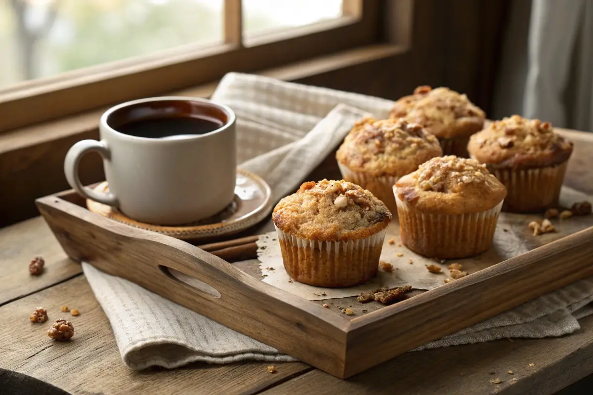 Delicious coffee cake muffins with a golden streusel topping on a rustic tray, served with coffee.