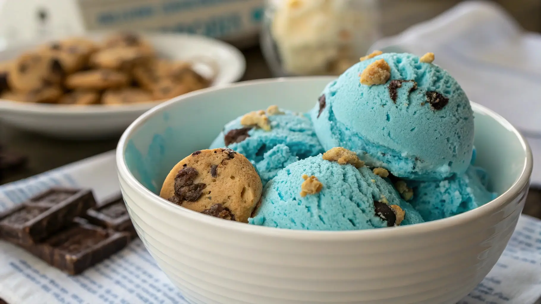 Bright blue Cookie Monster ice cream in a waffle cone, loaded with Oreos and chocolate chip cookies, served on a marble kitchen counter.