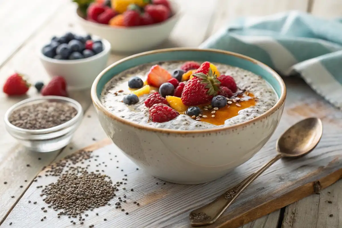 Delicious chia pudding topped with fresh berries and honey, a nutritious breakfast option.