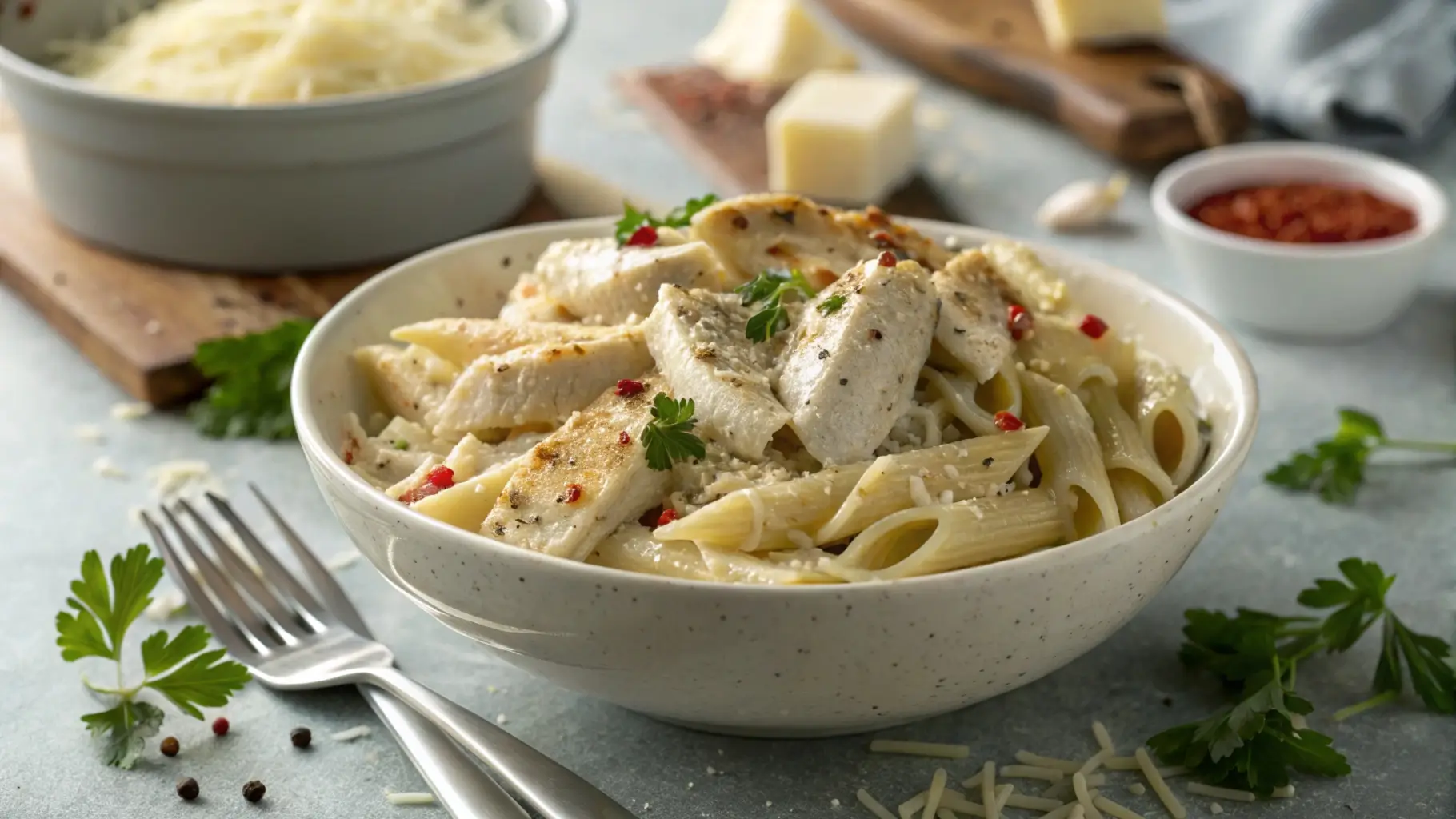 A rich and creamy bowl of Garlic Parmesan Chicken Pasta topped with fresh parsley and Parmesan cheese, perfect for a comforting dinner.