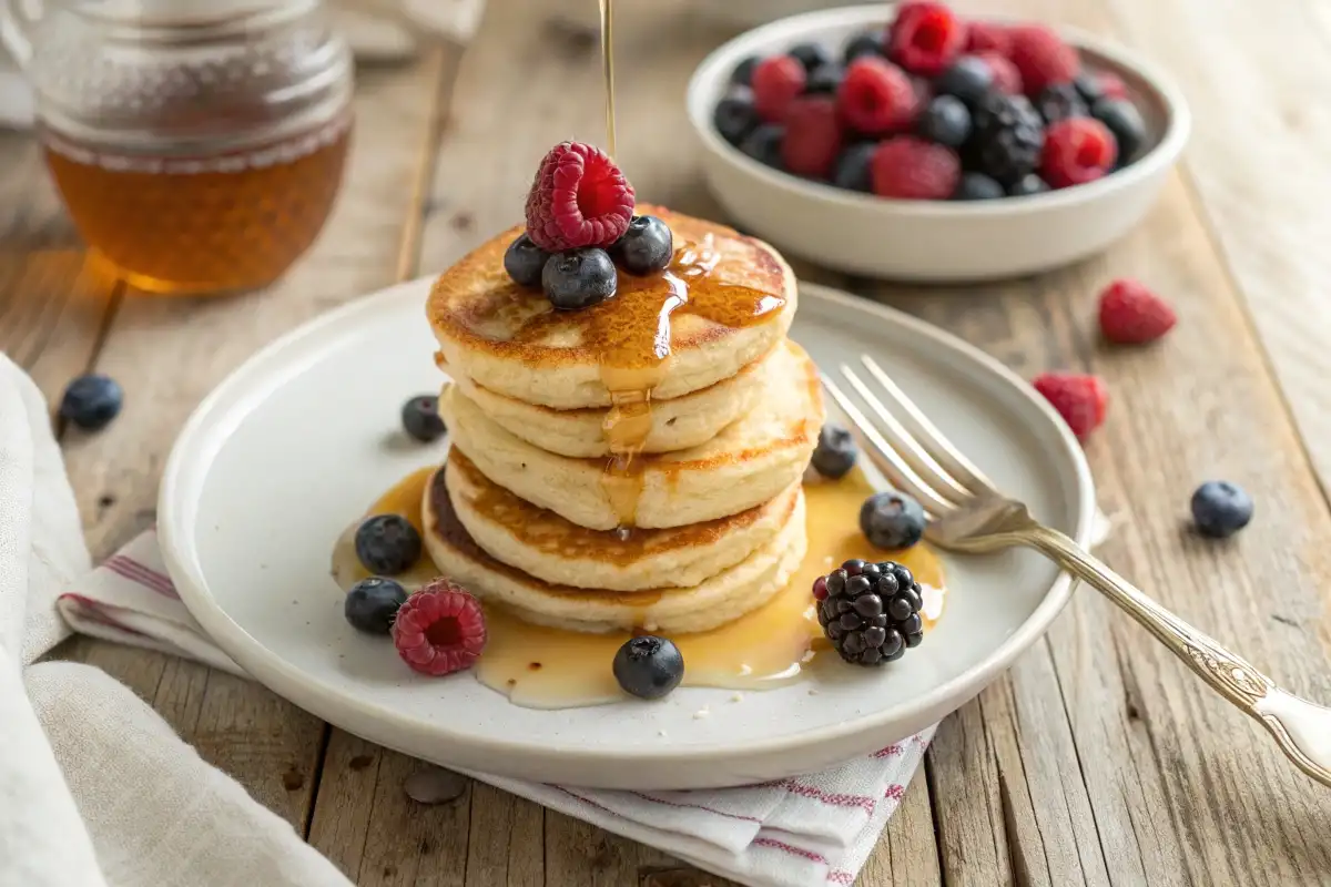 Fluffy mini pancakes drizzled with syrup and topped with berries on a breakfast table.