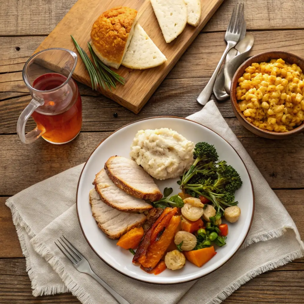 Turkey Chops: A Flavorful Guide to Cooking the Perfect Cut 4 A family dinner spread with turkey chops, mashed potatoes, cornbread, and roasted vegetables on a rustic wooden table.