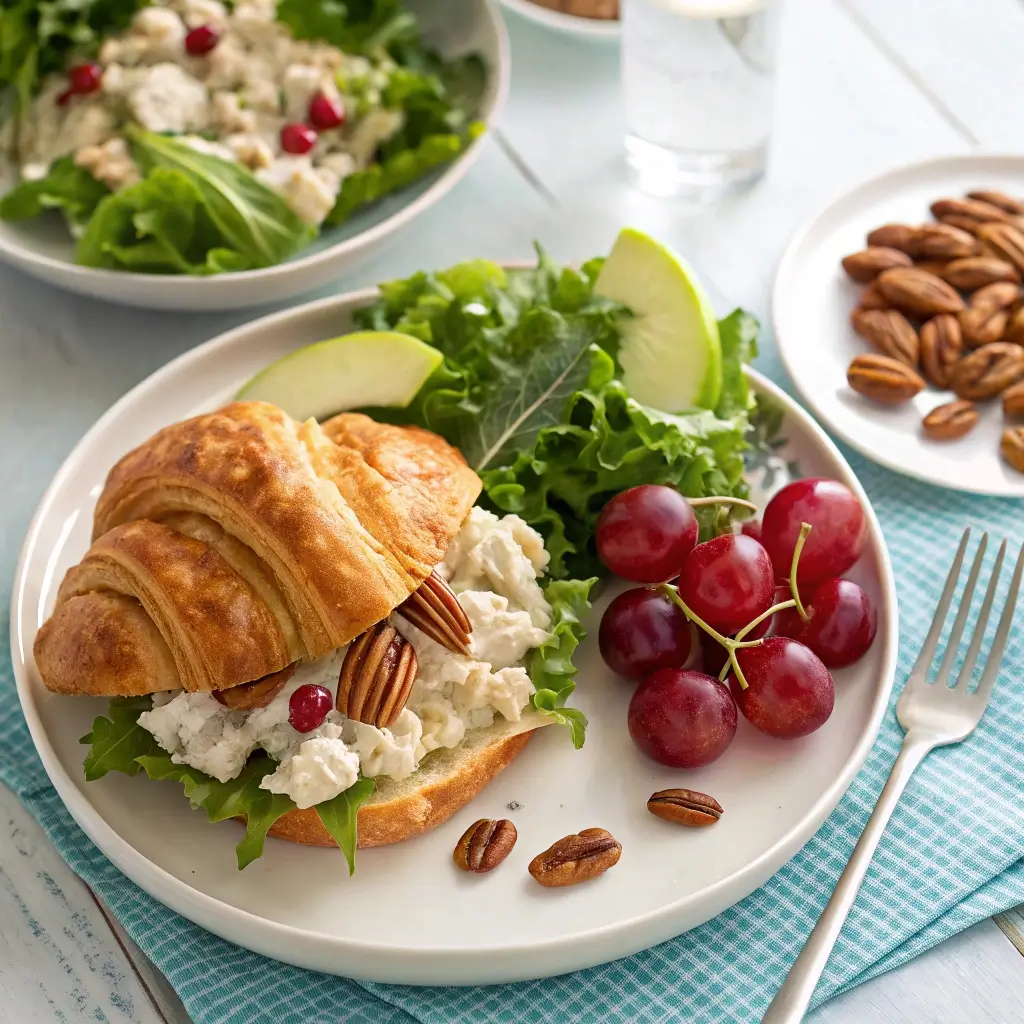 Chicken Salad Chick Recipe: The Ultimate Copycat Guide 3 Fancy Nancy chicken salad served on a croissant, garnished with grapes and pecans, with fresh greens and apple slices on the side.