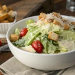 A delicious bowl of Caesar pasta salad, featuring fresh romaine, creamy dressing, and crispy croutons