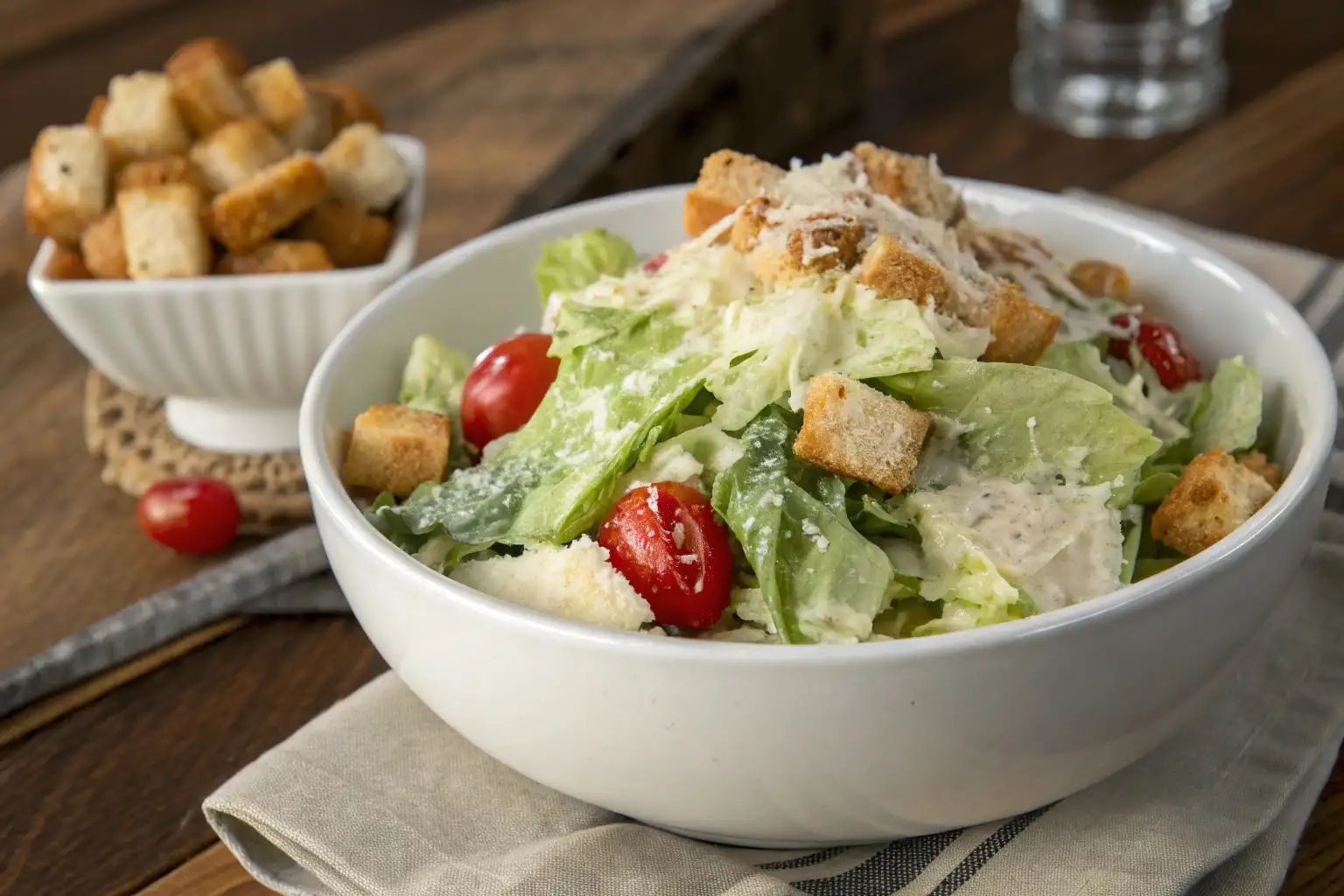 A delicious bowl of Caesar pasta salad, featuring fresh romaine, creamy dressing, and crispy croutons