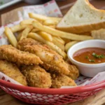 Featured image of Cane’s-style chicken fingers served with dipping sauce, fries, and Texas toast.