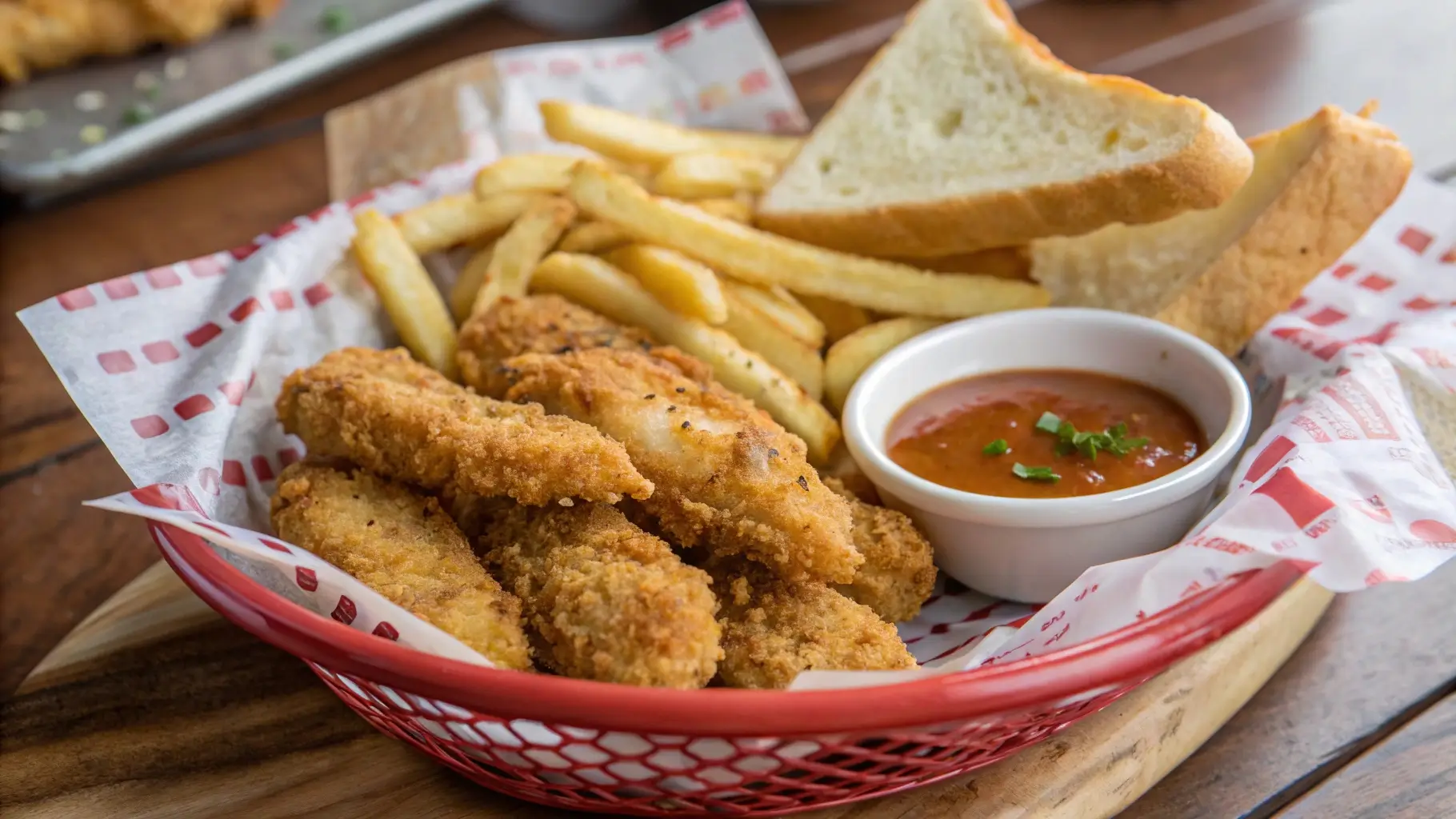 Featured image of Cane’s-style chicken fingers served with dipping sauce, fries, and Texas toast.