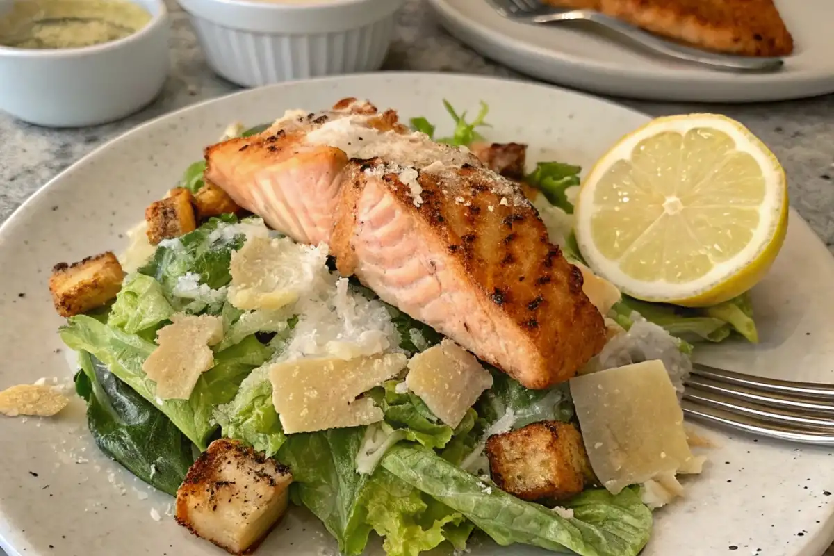 Salmon Caesar Salad served with crispy croutons, fresh Romaine lettuce, and grilled salmon.