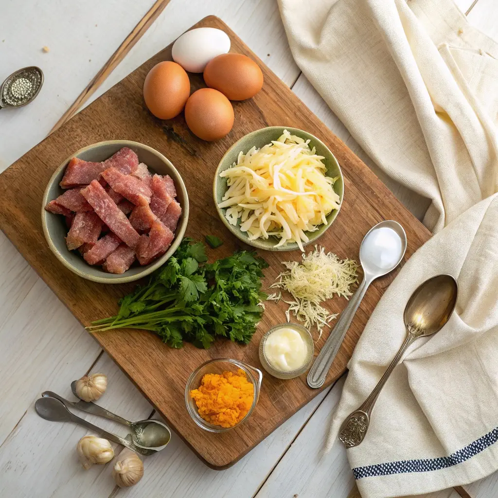 Irish Breakfast Casserole Recipe: A Hearty Brunch Classic 6 Fresh ingredients for Irish breakfast casserole: sausages, shredded potatoes, eggs, cheese, onions, and herbs on a wooden board.