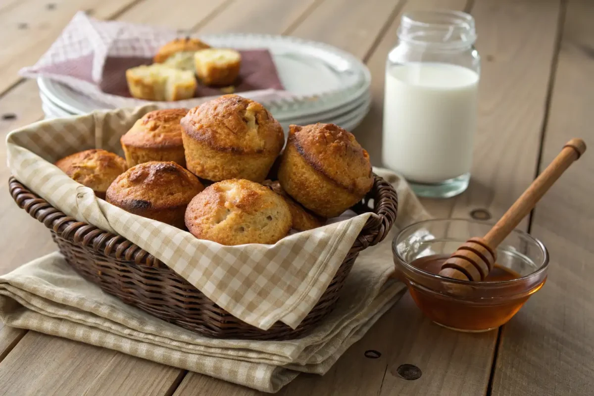 Freshly baked Kodiak muffins in a basket with a honey drizzle and a glass of milk.