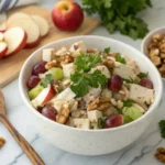 Delicious Waldorf chicken salad with apples, grapes, and walnuts in a white bowl, perfect for a healthy lunch or meal prep.