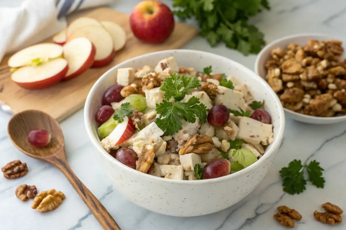 Delicious Waldorf chicken salad with apples, grapes, and walnuts in a white bowl, perfect for a healthy lunch or meal prep.