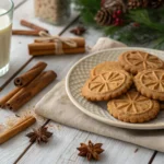 Freshly baked windmill cookies on a rustic wooden table with a steaming cup of coffee and warm spices.