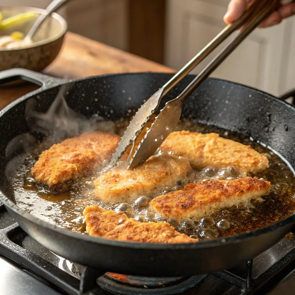 How to Make Cane’s Chicken Recipe at Home 3 Chicken tenders frying in bubbling oil in a cast-iron skillet, with tongs lifting a crispy piece.