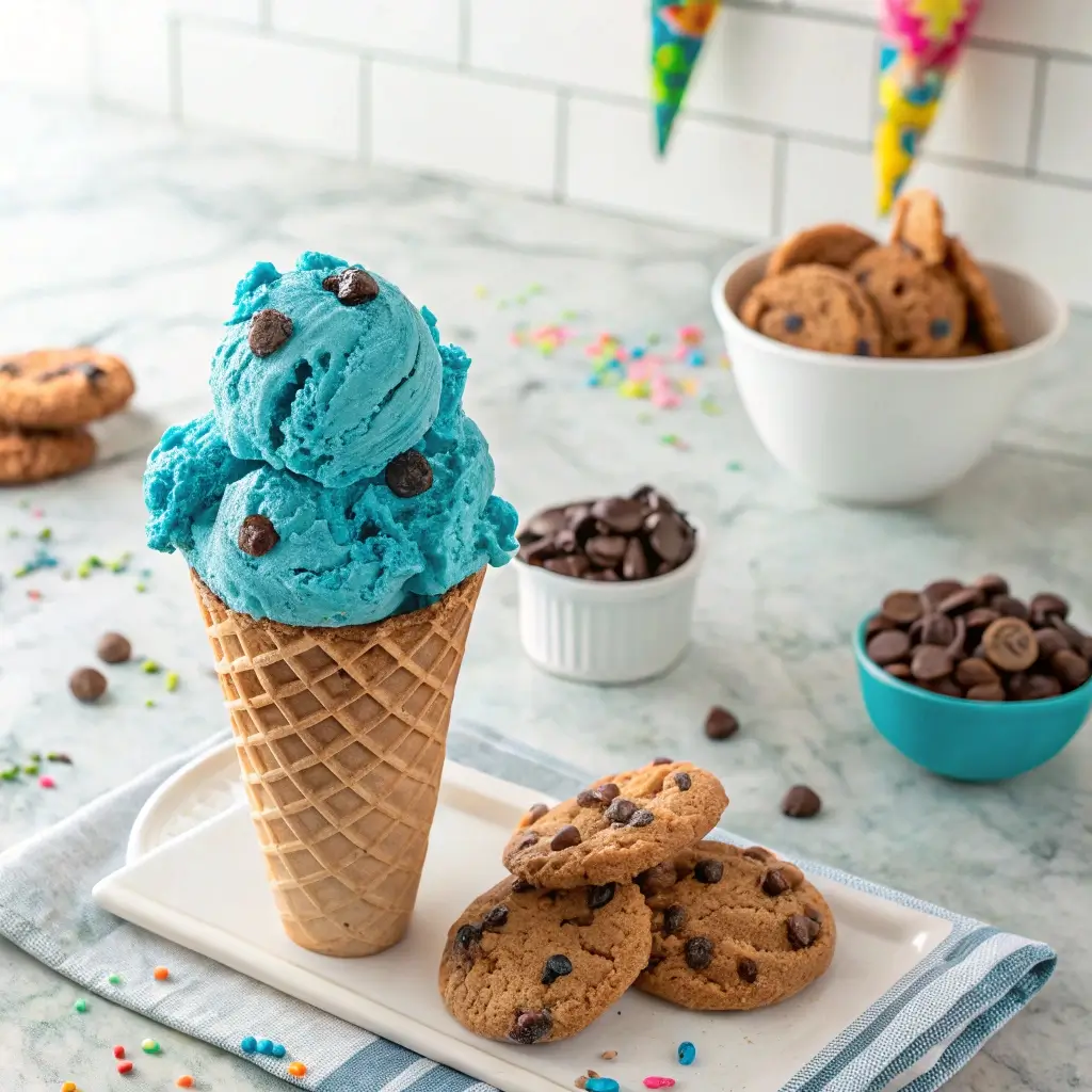 Cookie Monster Ice Cream 4 Scoops of bright blue Cookie Monster ice cream in colorful bowls with edible eyes and cookie pieces.