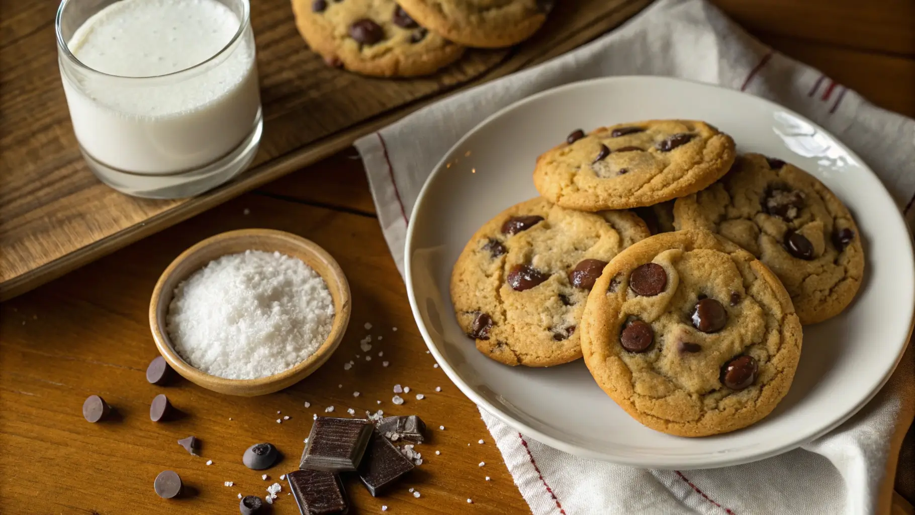 Freshly baked chocolate chip cookies without brown sugar on a white plate, surrounded by granulated sugar and a glass of milk.