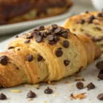 Buttery cookie croissant sliced open to reveal gooey chocolate chip filling on a rustic wooden board.