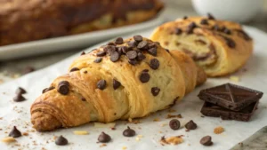 Buttery cookie croissant sliced open to reveal gooey chocolate chip filling on a rustic wooden board.