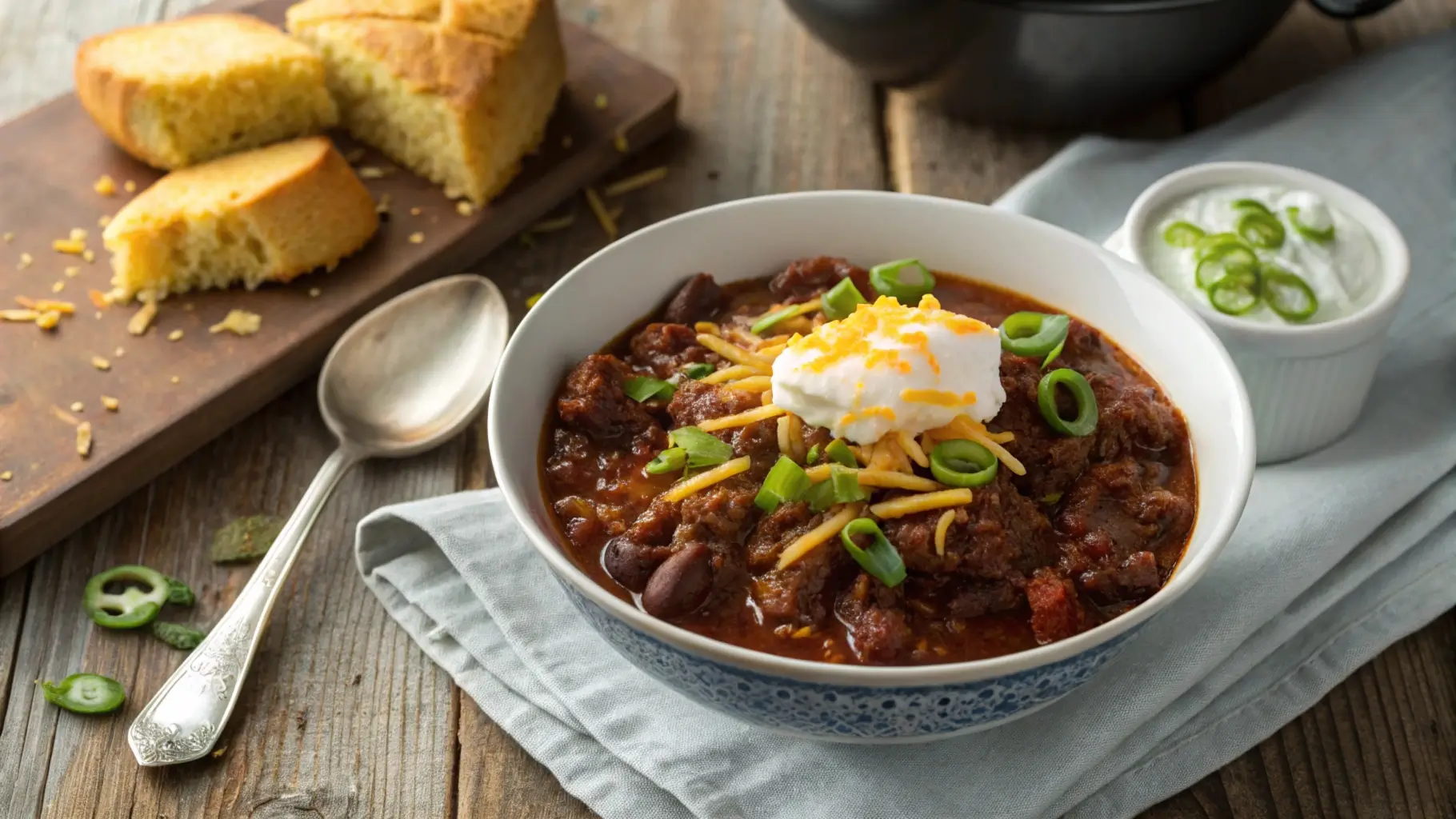 A close-up overhead view of a bowl of venison chili topped with shredded cheese, sour cream, and green onions, with cornbread on a rustic wooden table.