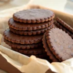 Stack of crispy homemade chocolate wafer cookies on a wooden board with cocoa powder and a glass of milk.