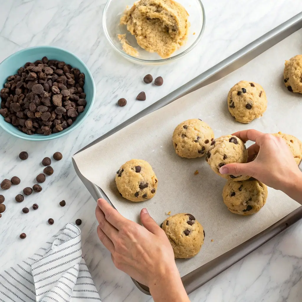 Crumbl Cookie Recipe: The Ultimate Guide to Perfect Copycat Cookies at Home 6 Hands shaping cookie dough for a Crumbl cookie recipe on a baking sheet, ready for the oven.