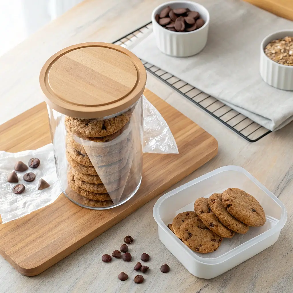 Crumbl Cookie Recipe: The Ultimate Guide to Perfect Copycat Cookies at Home 8 Homemade Crumbl cookie recipe stored in a glass jar and freezer container to keep cookies fresh and soft.