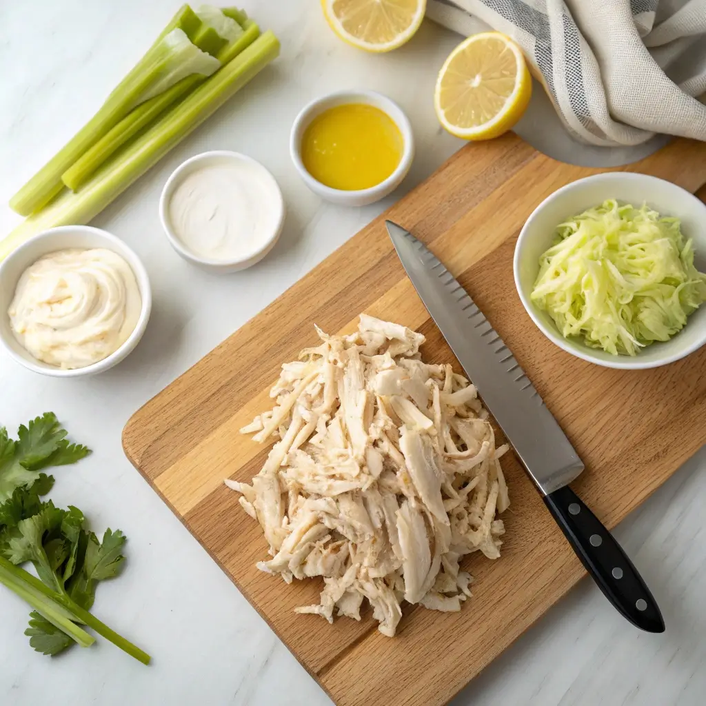 Chicken Salad Chick Recipe: The Ultimate Copycat Guide 2 Ingredients for homemade chicken salad, including poached shredded chicken, celery, mayonnaise, and lemon juice on a wooden cutting board.