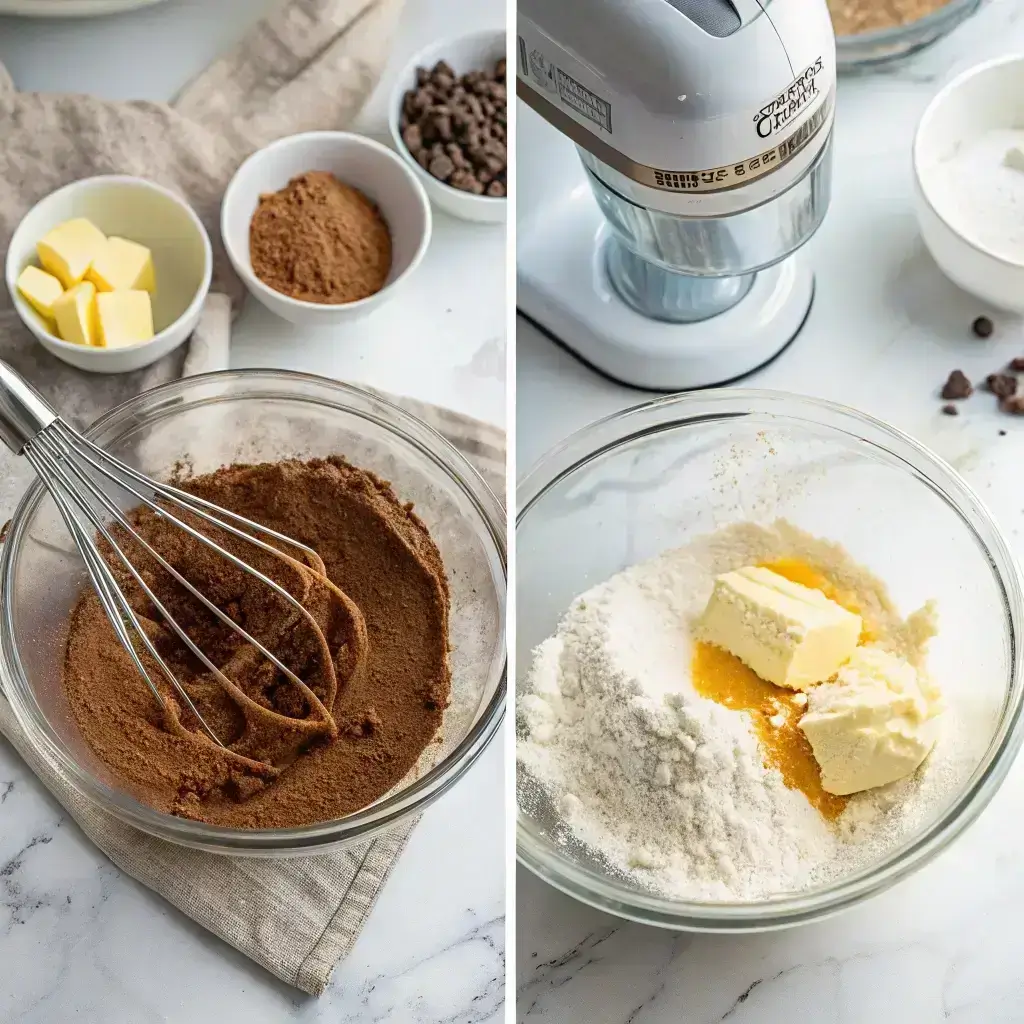 Chocolate Wafer Cookies: Easy Homemade Recipe for Crispy & Delicious Treats 6 Step-by-step process of making chocolate wafer cookies: mixing dry ingredients, creaming butter and sugar, forming dough, and rolling it to chill.