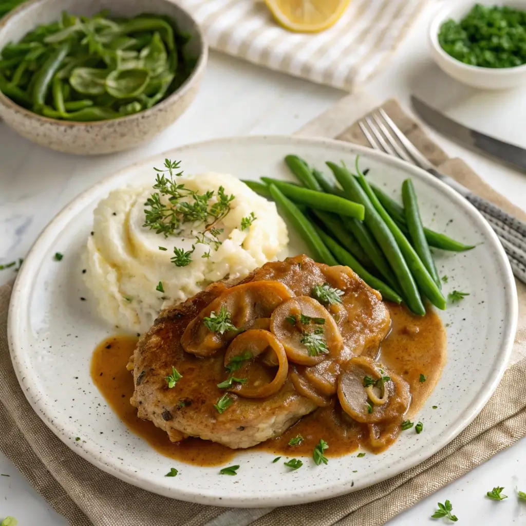 Turkey Chops: A Flavorful Guide to Cooking the Perfect Cut 3 Smothered turkey chops with onion gravy, served alongside mashed potatoes and green beans on a white ceramic plate.