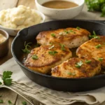 Pan-seared turkey chops in a cast-iron skillet with fresh herbs and garlic, styled on a rustic wooden table.