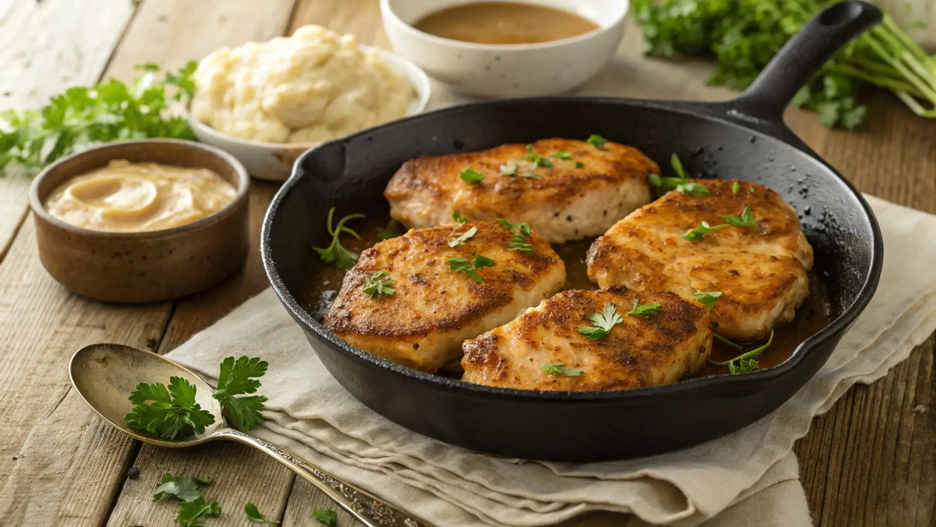 Pan-seared turkey chops in a cast-iron skillet with fresh herbs and garlic, styled on a rustic wooden table.