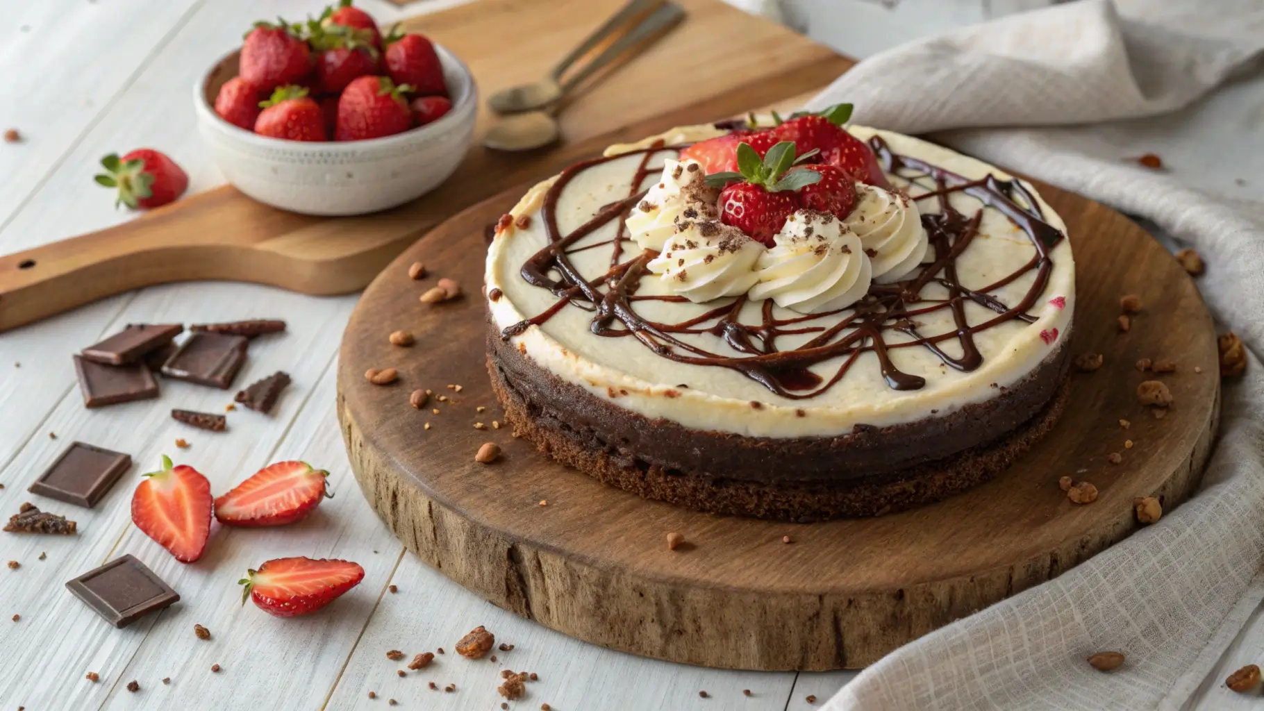 Featured image of a decadent brownie cheesecake with a fudgy base, creamy cheesecake layer, and chocolate ganache, garnished with whipped cream and strawberries.