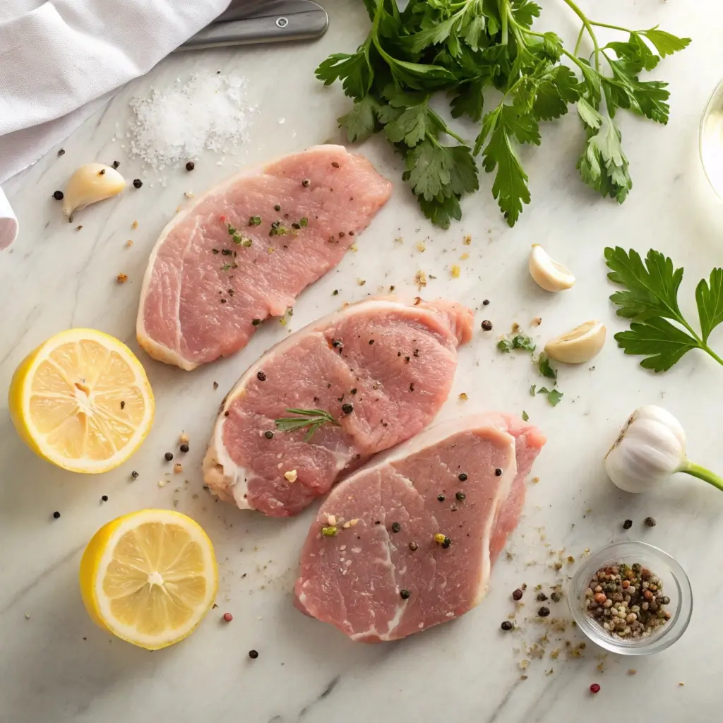 Turkey Chops: A Flavorful Guide to Cooking the Perfect Cut 2 Four raw turkey chops seasoned with Creole spices, salt, and pepper on a marble countertop with fresh parsley and garlic.