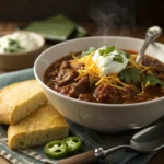 Close-up of a bowl of beef brisket chili topped with sour cream, cheddar, jalapeños, and cilantro, served with cornbread.