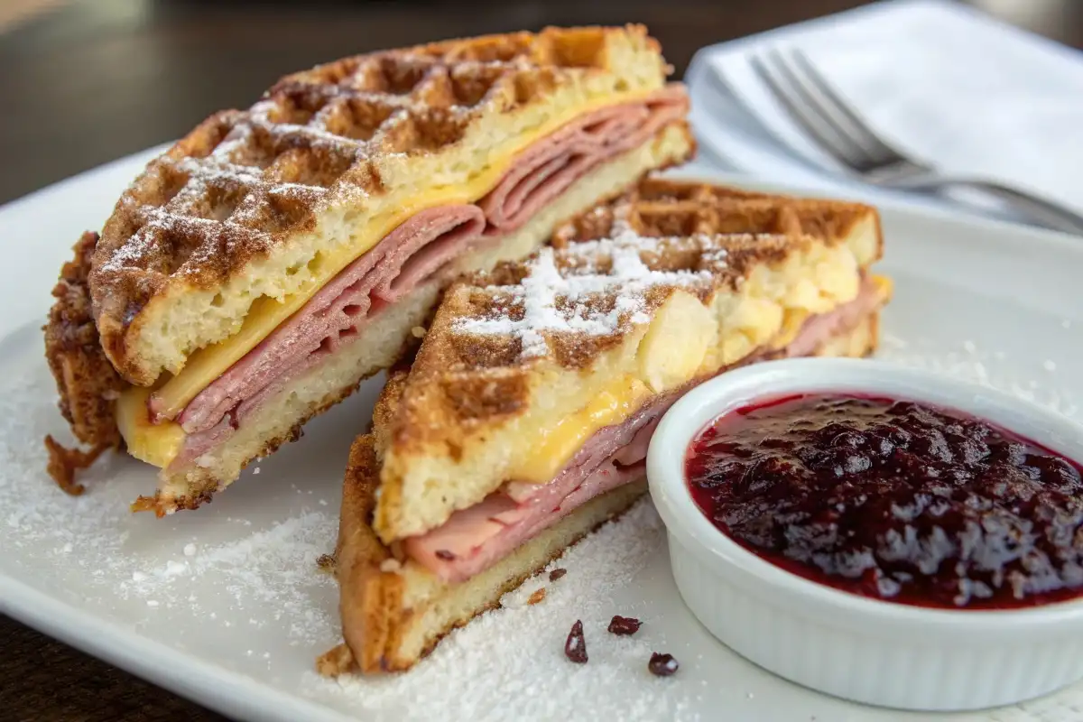 Waffle sandwich with ham and melted cheese between crispy waffles, dusted with powdered sugar and served with jam.