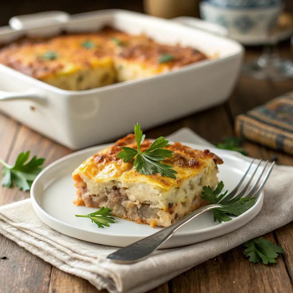 Irish Breakfast Casserole Recipe: A Hearty Brunch Classic 8 A slice of Irish breakfast casserole served on a white plate, garnished with fresh parsley.