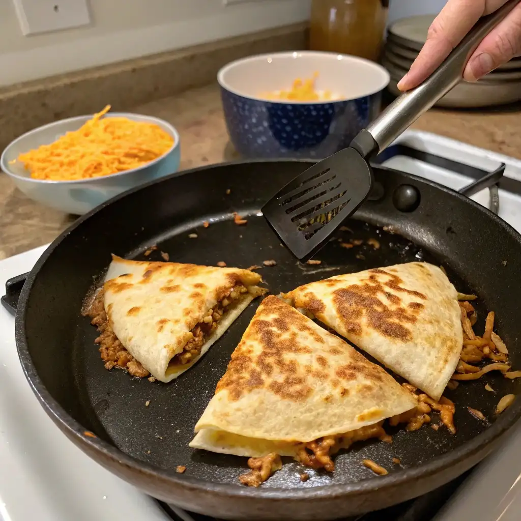 Taco Quesadilla: The Cheesy, Flavor-Packed Meal You’ll Love 7 Taco quesadilla cooking in a skillet, achieving a crispy golden-brown texture with melted cheese inside.