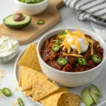 A serving of smoked chili in a bowl topped with avocado, jalapeños, sour cream, and cheddar, accompanied by cornbread and tortilla chips.