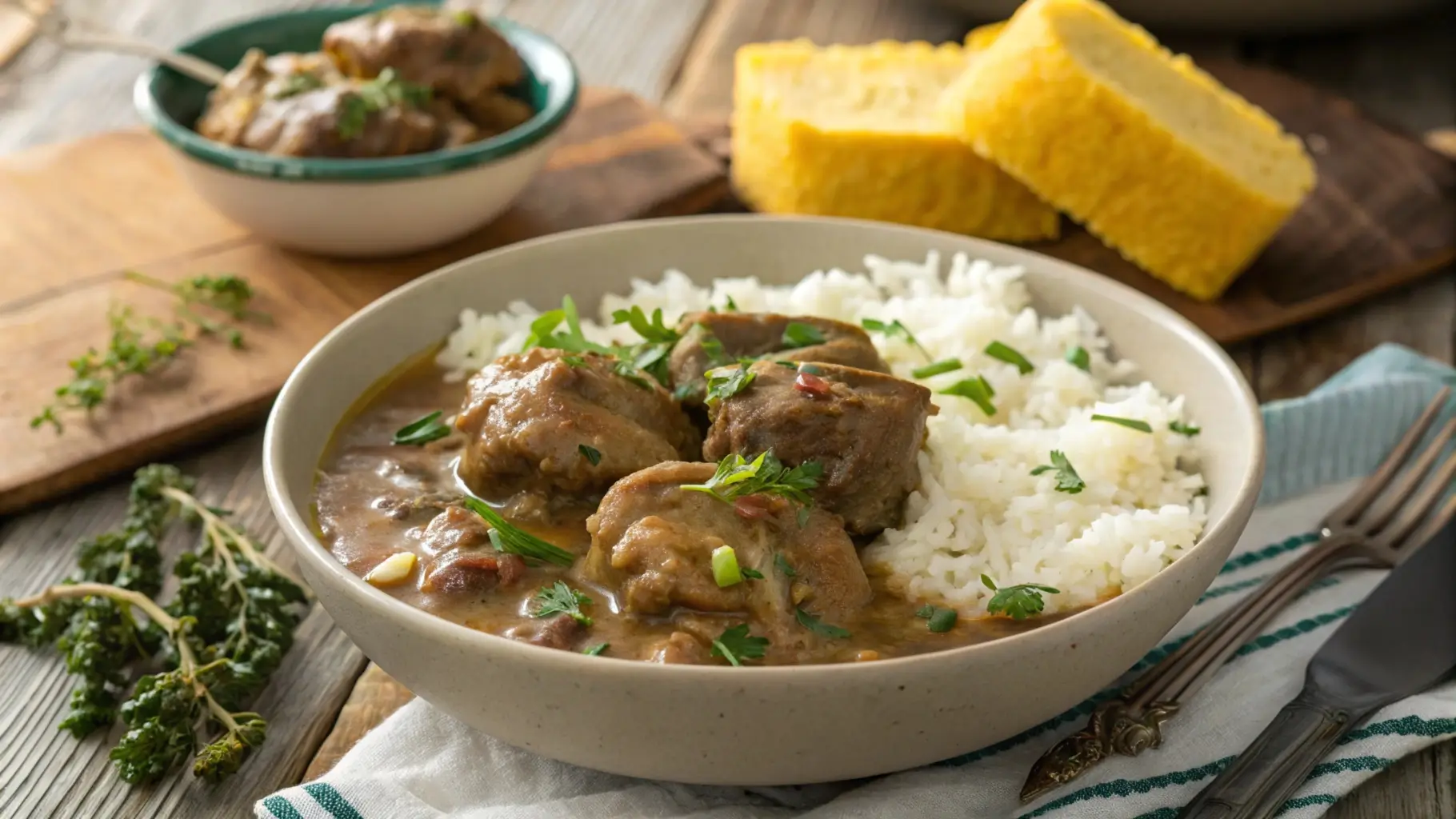 Smothered turkey necks with gravy served over rice with cornbread and collard greens.