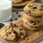 Stack of gooey chocolate chip cookies on a wooden board with milk, showcasing a homemade Crumbl cookie recipe.