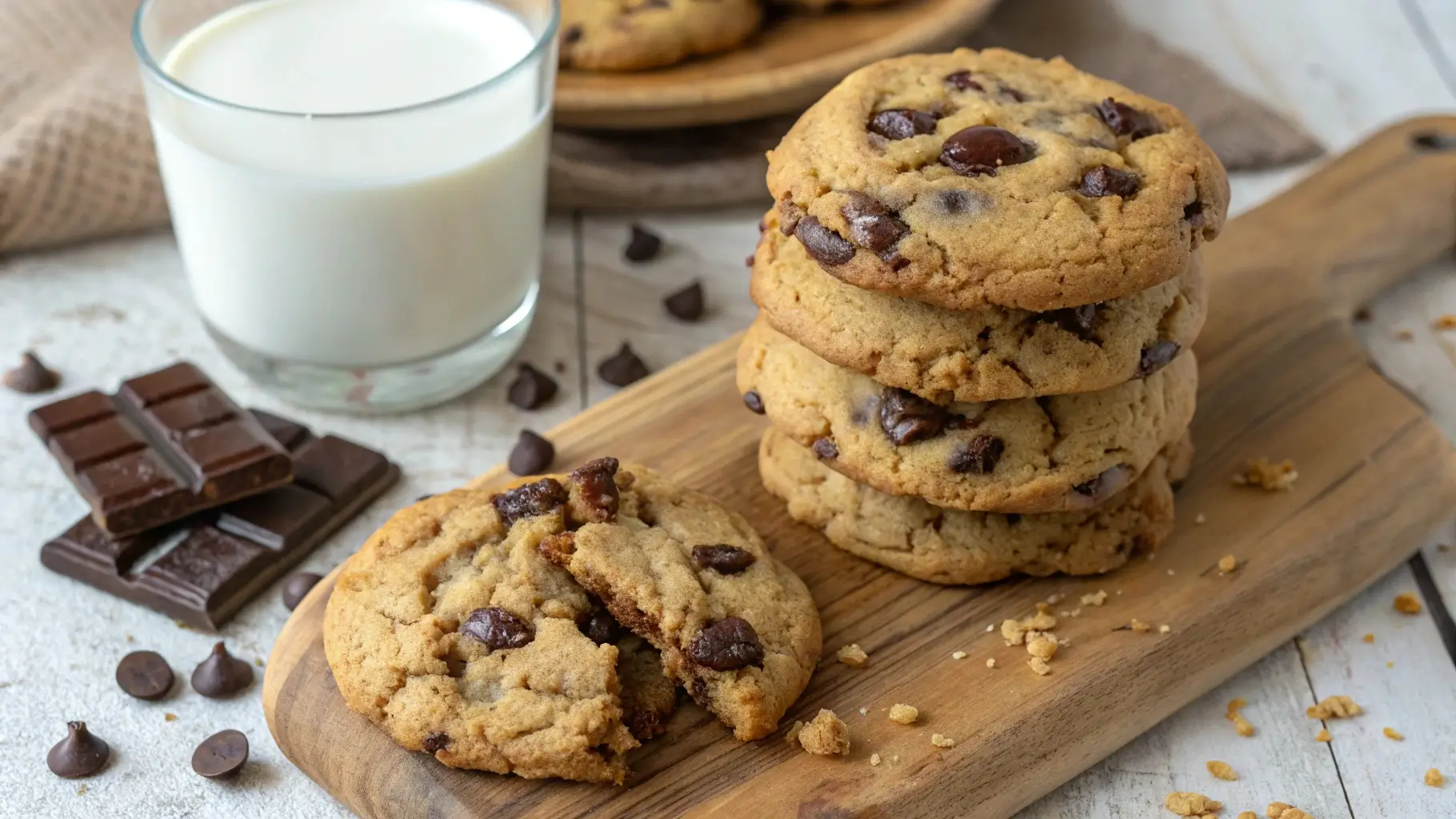 Stack of gooey chocolate chip cookies on a wooden board with milk, showcasing a homemade Crumbl cookie recipe.