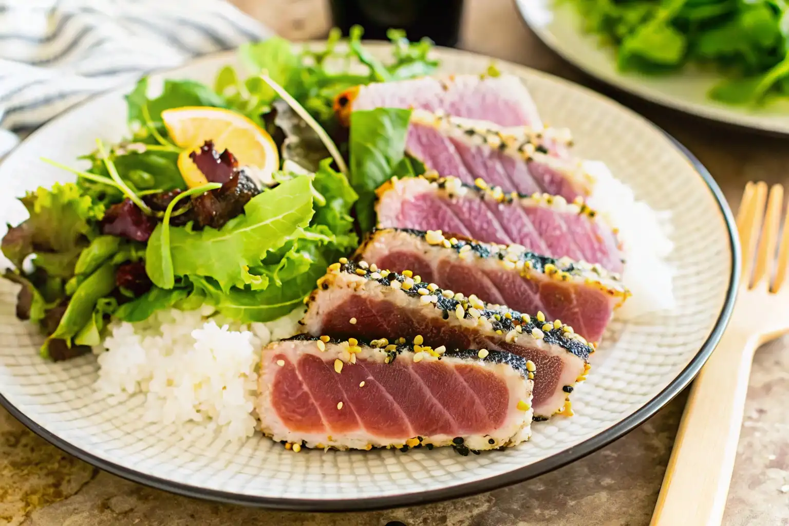 Fresh tuna sashimi plated beautifully with soy sauce and wasabi.