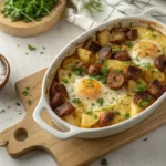 Freshly baked Irish breakfast casserole with golden potatoes, sausage, and eggs in a white dish, garnished with parsley.