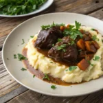 Braised beef cheeks recipe with red wine, served with mashed potatoes.