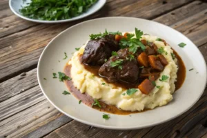 Braised beef cheeks recipe with red wine, served with mashed potatoes.