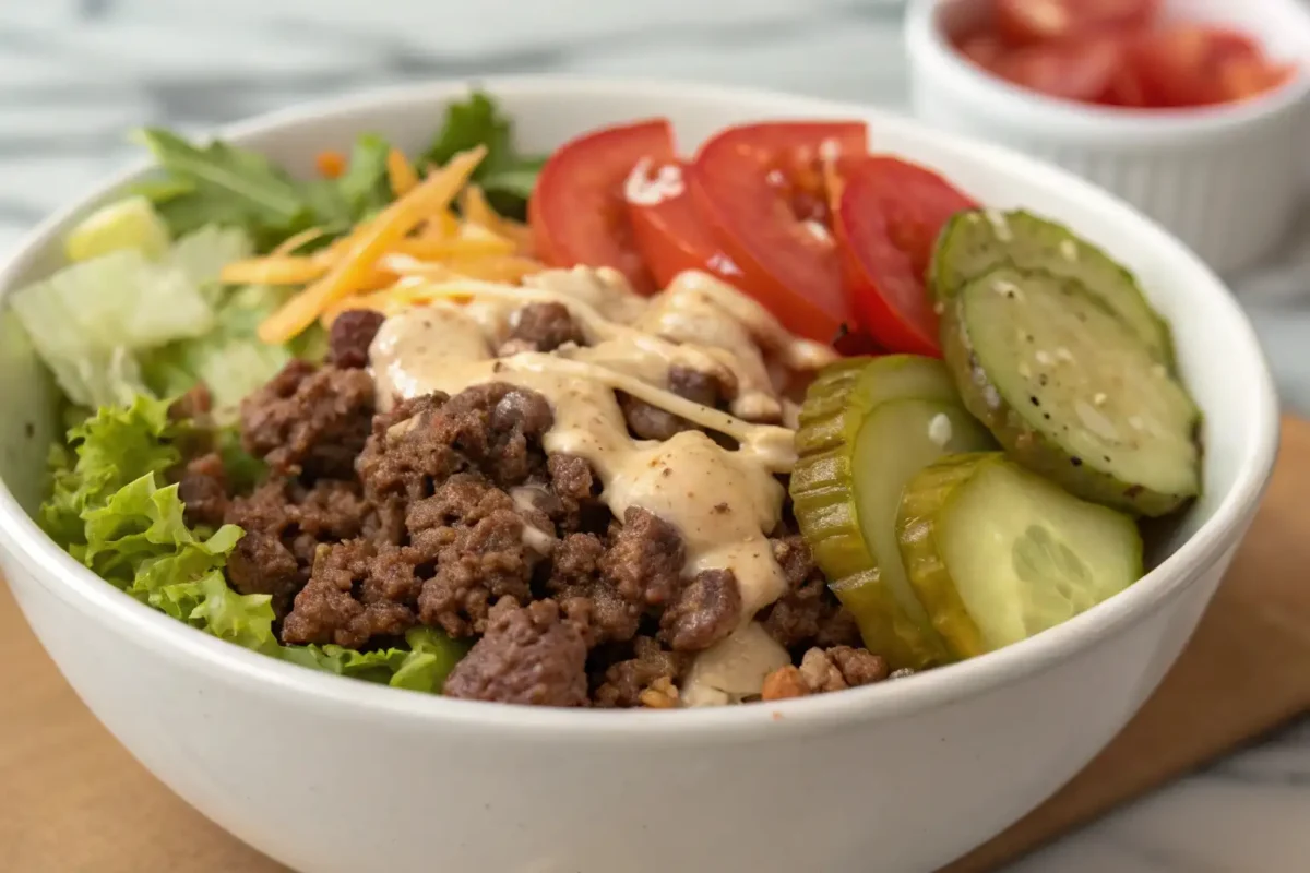 Burger Bowl – Assembling a fresh and flavorful burger bowl with crisp veggies and creamy sauce.