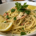 Crab pasta delight served in a white bowl with fresh parsley and lemon wedges