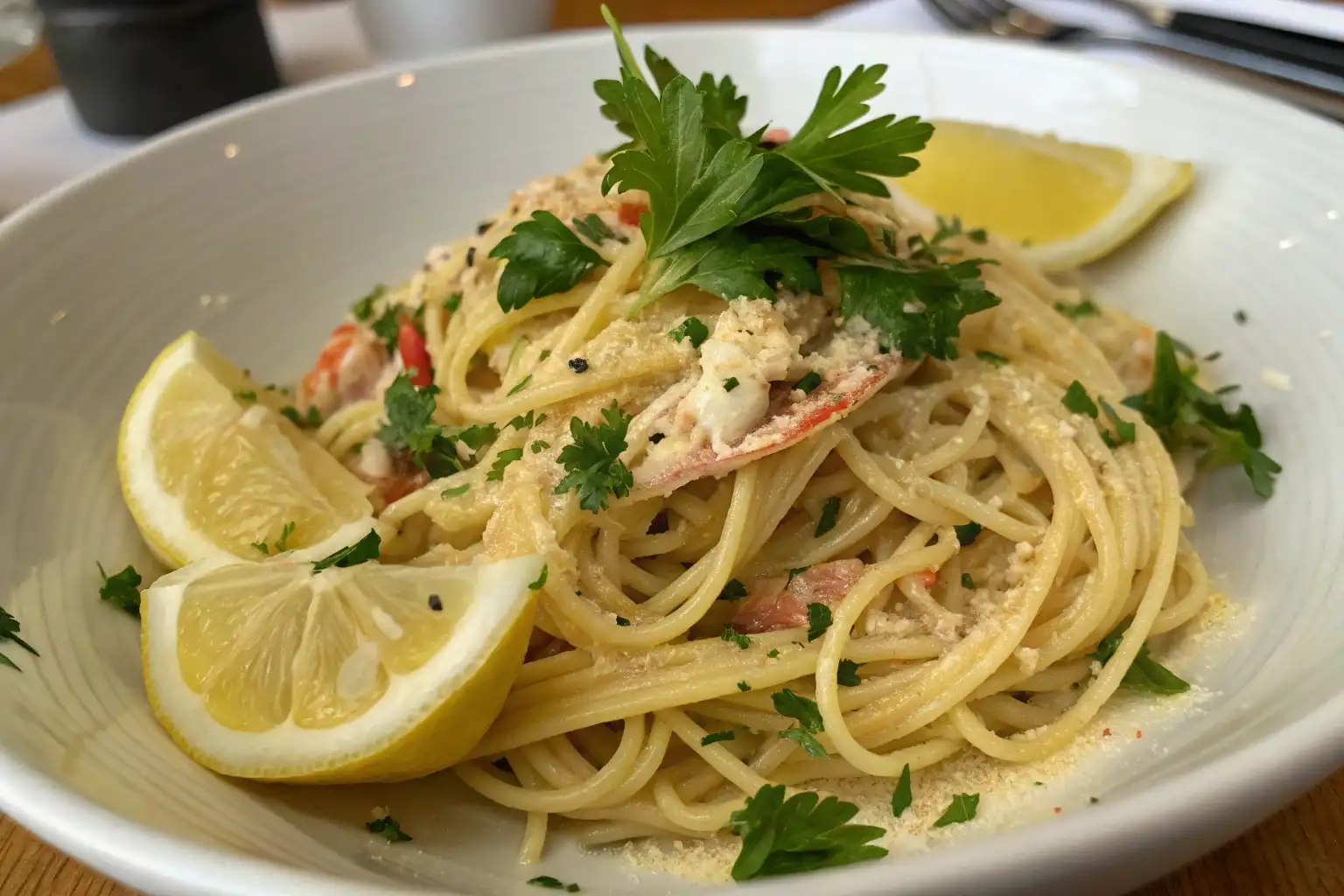 Crab pasta delight served in a white bowl with fresh parsley and lemon wedges